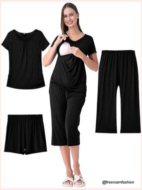 3 Piece Nursing Pajamas Set Breastfeeding Tops Shorts Capri Pants Maternity